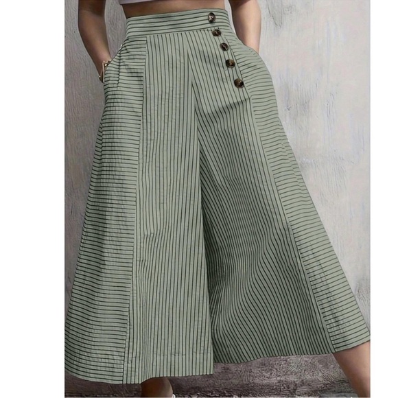 Classic Stripes Button Detail Pockets Wide Leg Trouser Pants S M L XL - Picture 1 of 1